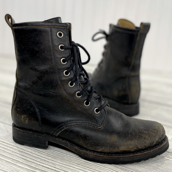 Distressed Leather Laceup Combat Boots 